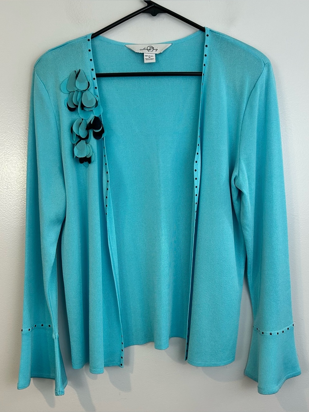 Ming Wang Pale Blue Open Front Flower Detail Studded Acrylic Cardigan Medium